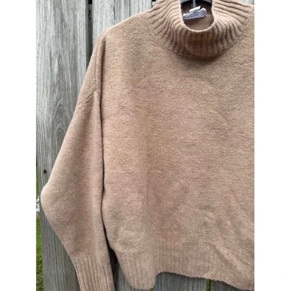 Cozy For The Republic Sweater Womens S/P Tan Mock Neck Wool Blend Drop Shoulder